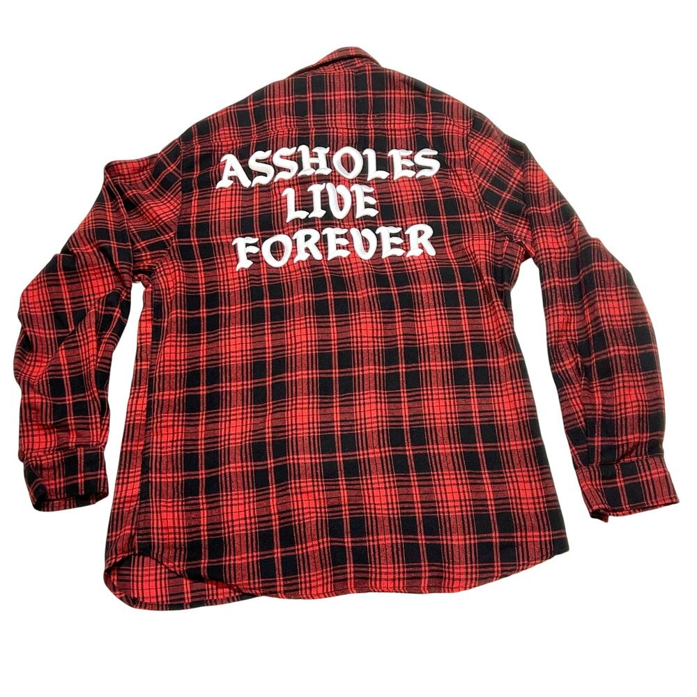 As*holes Live Forever Plaid Flannel Shirt Medium Red Black Embroidered